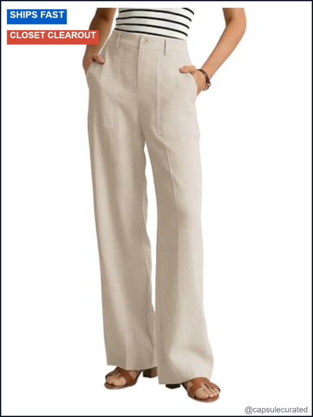 Linen Blend Wide Leg High Rise Trousers with Pockets